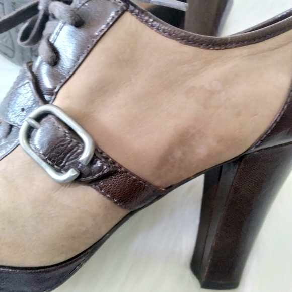 Anthropologie Naya Kasha Brown Leather Buckle Peep Toe High Heel Booties Sz 7.5M - Picture 7 of 15